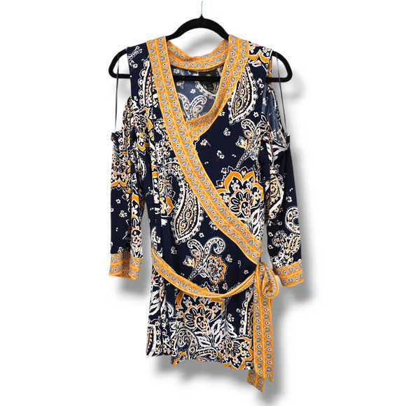 JM Collection Women's Plus Floral V Neck‎ Waist Tie Detail Blouse Blue Yellow 2X - Picture 1 of 12